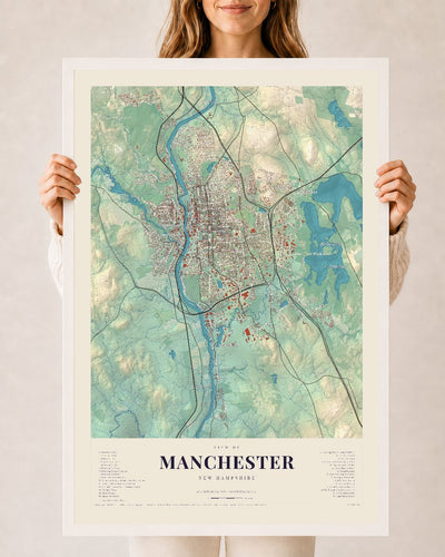 Manchester, New Hampshire map print, 24 x 36 in white wood frame