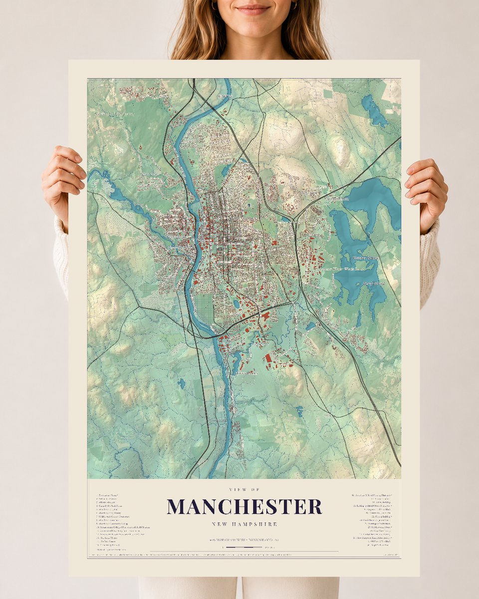 Manchester, New Hampshire map print, 24 x 36 archival matte print