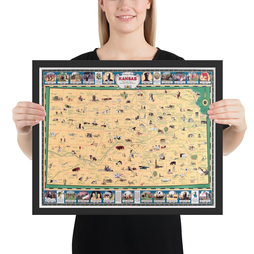 Map of Historic Kansas, a one page history dedicated to the Old Timers, 1930 Framed - Available at KNOWOL