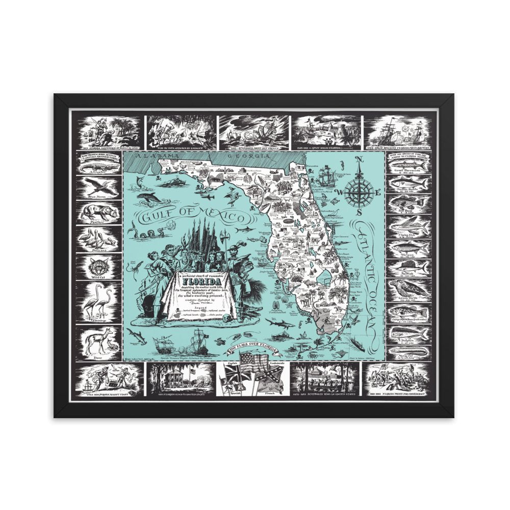 Map of the History and Romance of Florida, 1951 Framed - Available at KNOWOL