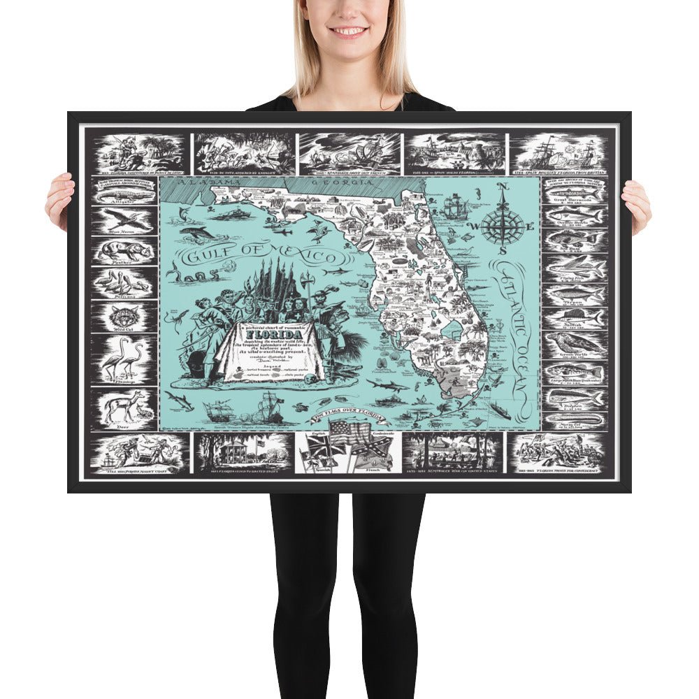 Map of the History and Romance of Florida, 1951 Framed - Available at KNOWOL