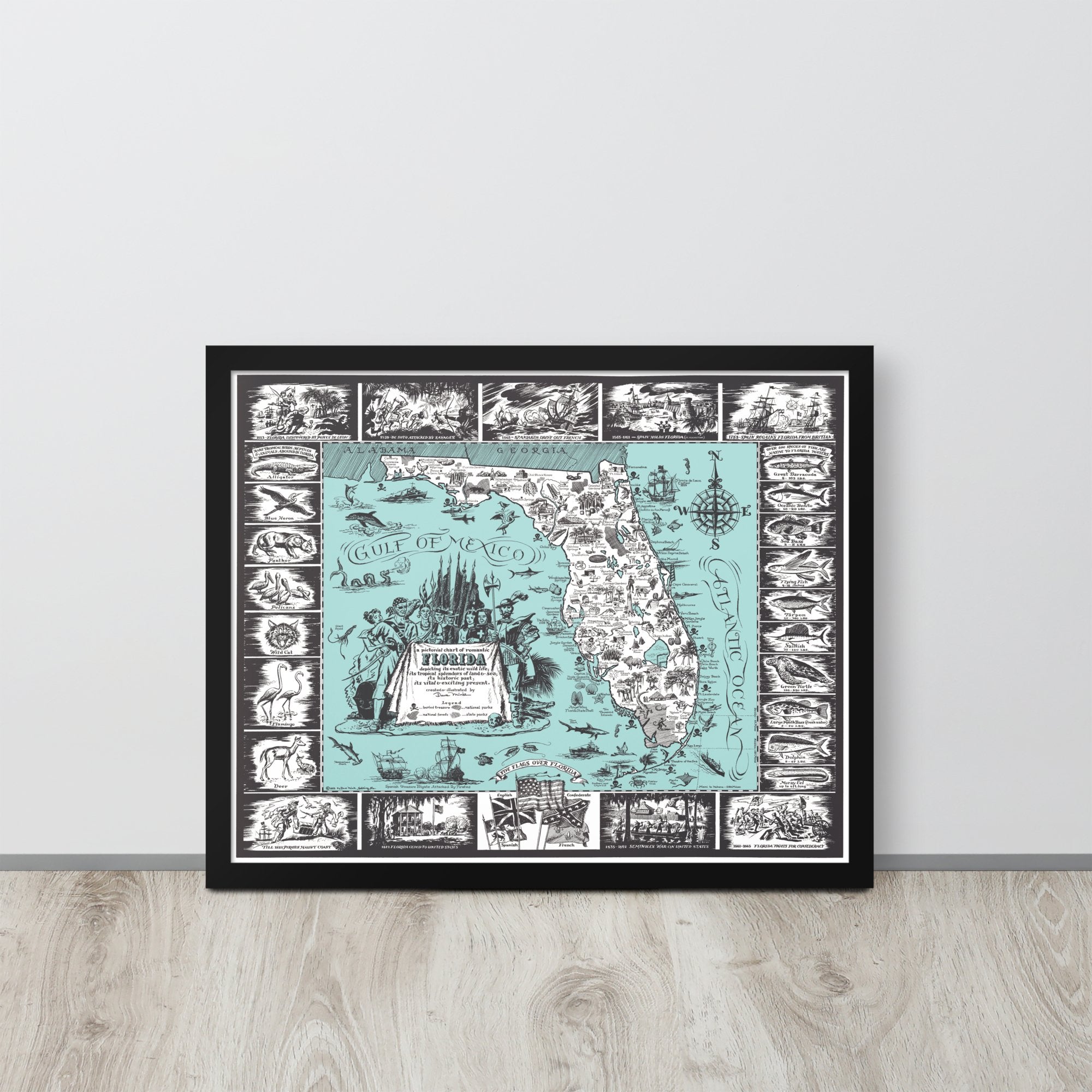 Map of the History and Romance of Florida, 1951 Framed - Available at KNOWOL