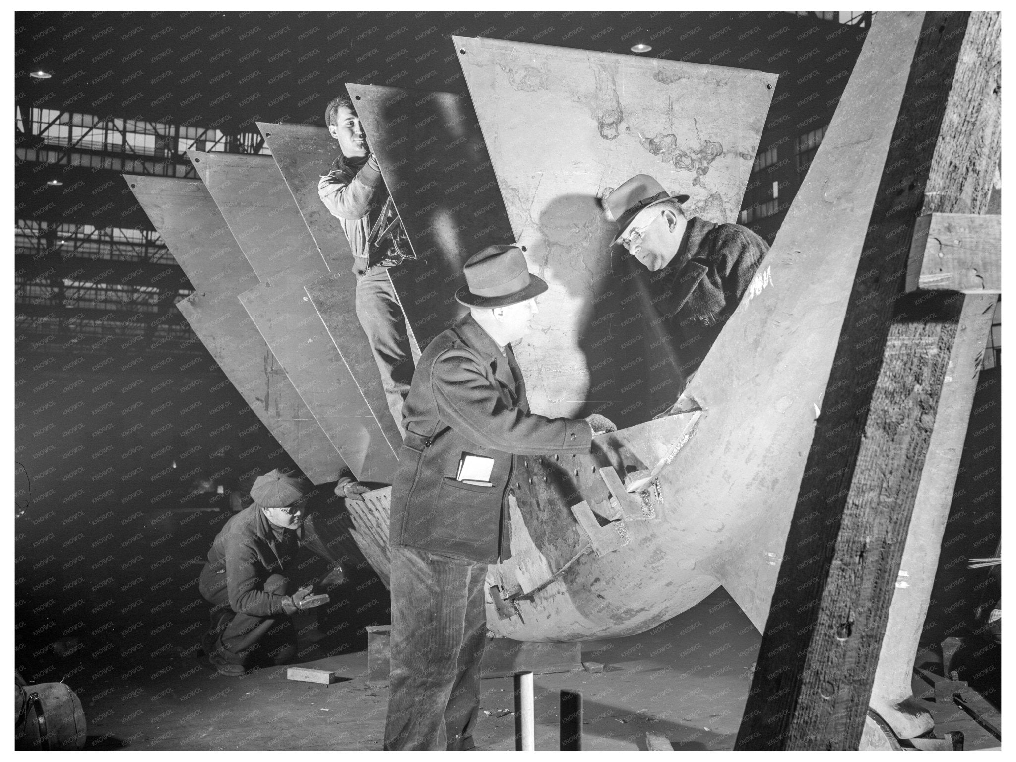 Maritime Inspector Examines Liberty Ship Stem Assembly 1944 - Available at KNOWOL