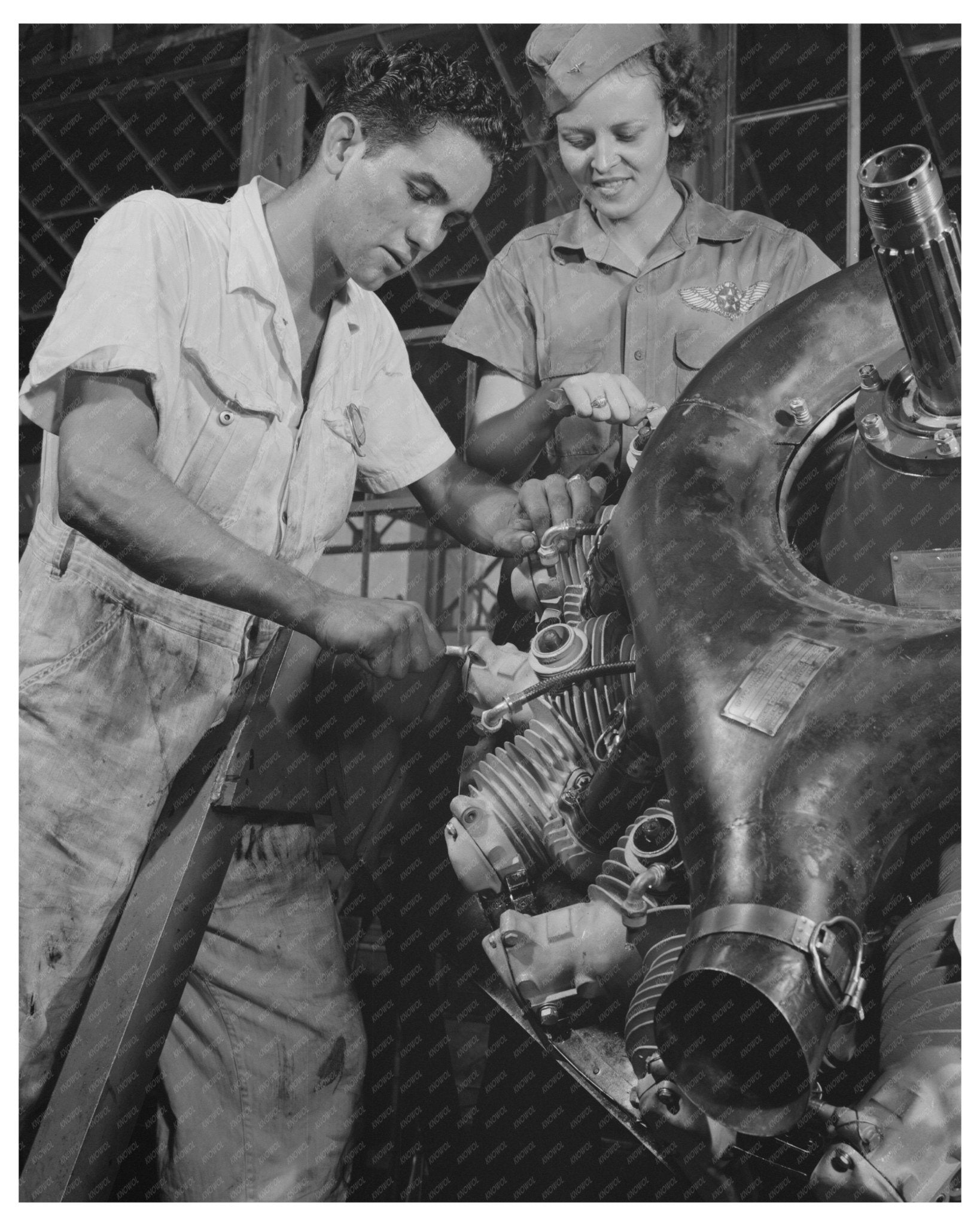 Mary Josephine Farley instructs trainee on Wright Whirlwind 1942 - Available at KNOWOL