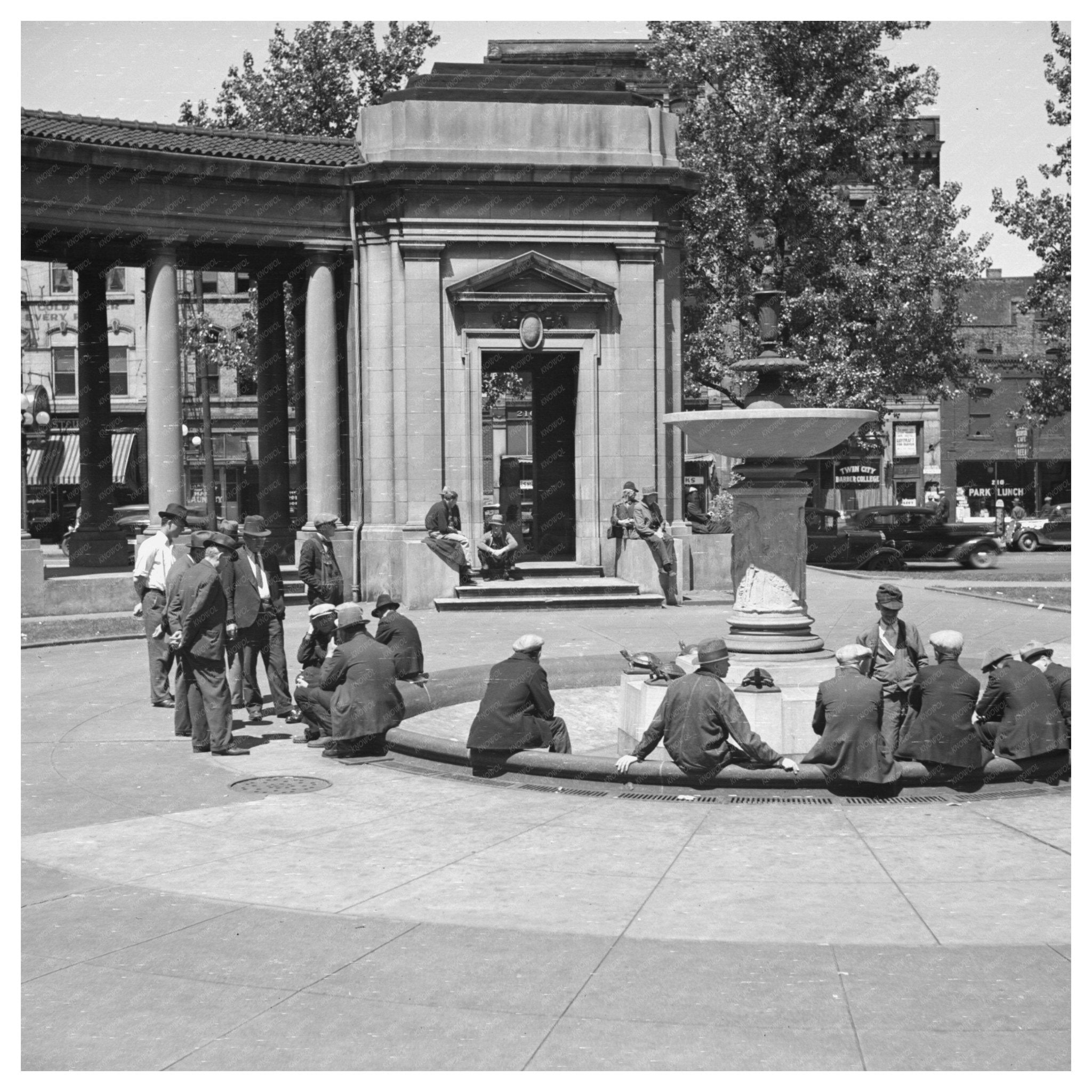 Men at Fountain in Gateway District Minneapolis May 1937 - Available at KNOWOL