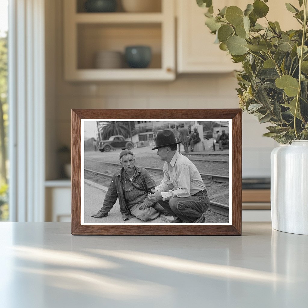 Men Seated on Railroad Platform Raymondville Texas 1939 - Available at KNOWOL