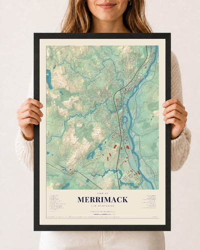Merrimack, New Hampshire map print, 12 x 18 in black wood frame