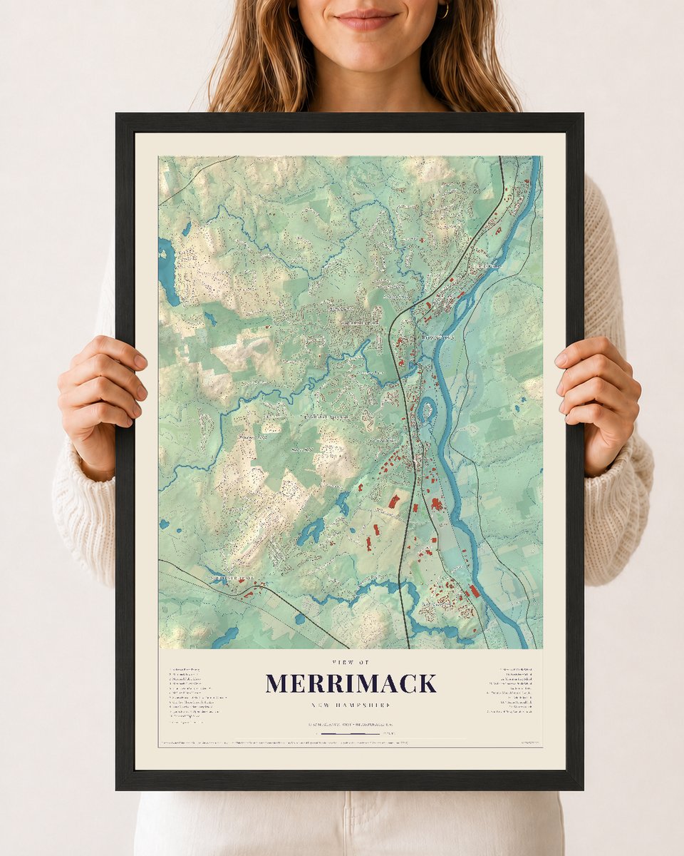 Merrimack, New Hampshire map print, 12 x 18 in black wood frame