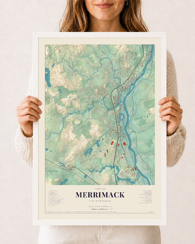 Merrimack, New Hampshire map print, 12 x 18 in white wood frame