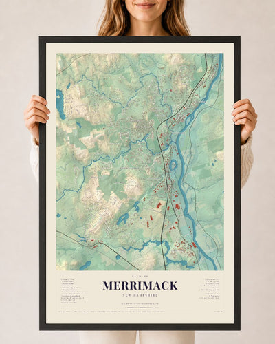 Merrimack, New Hampshire map print, 24 x 36 in black wood frame