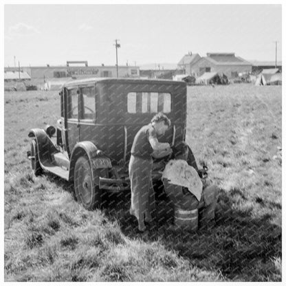 Migrant Woman Cuts Mans Hair in Siskiyou County 1939 - Available at KNOWOL