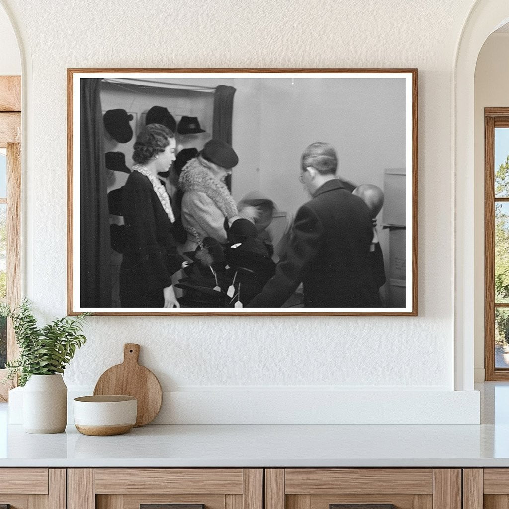 Model Trying Hat in Jersey Homesteads Showroom 1936 - Available at KNOWOL