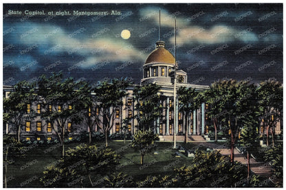 Montgomery Alabama State Capitol Night Postcard 1930 - 1945 - Available at KNOWOL