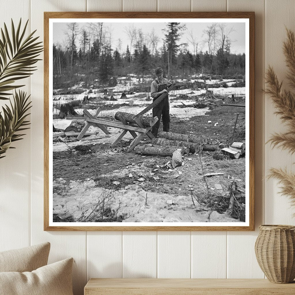 Mr. Smallwood Sawing Wood in Forest County Wisconsin 1937 - Available at KNOWOL