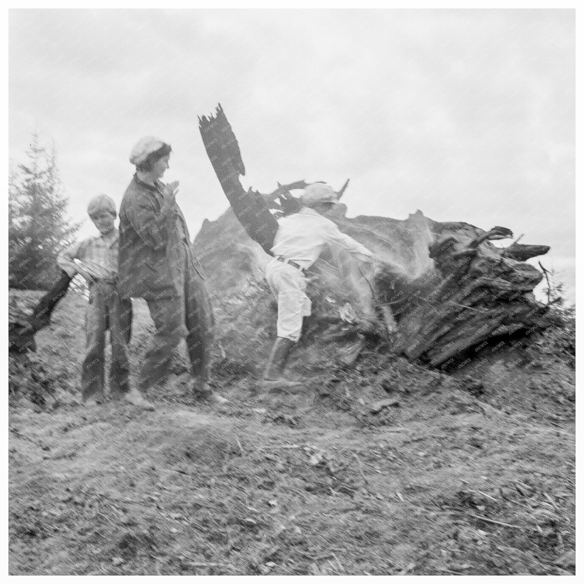 Mrs. Arnold and Children by Stump Pile 1939 - Available at KNOWOL