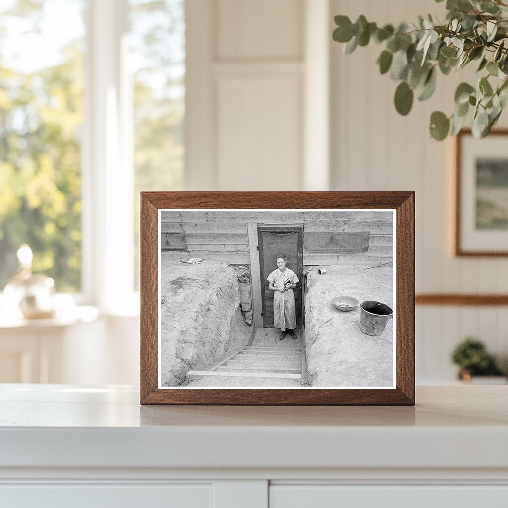 Mrs. Free in Doorway of Basement Dugout Home 1939 - Available at KNOWOL