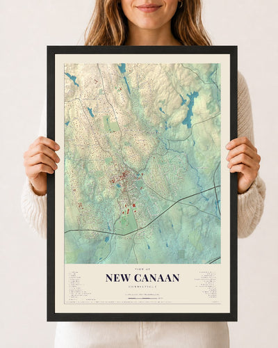 New Canaan, Connecticut map print, 12 x 18 in black wood frame