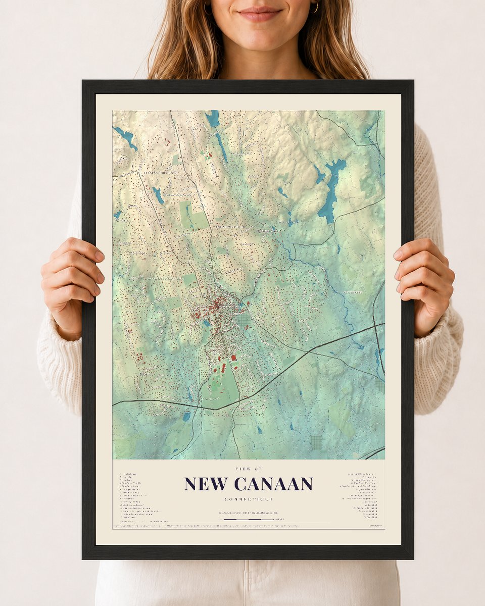 New Canaan, Connecticut map print, 12 x 18 in black wood frame