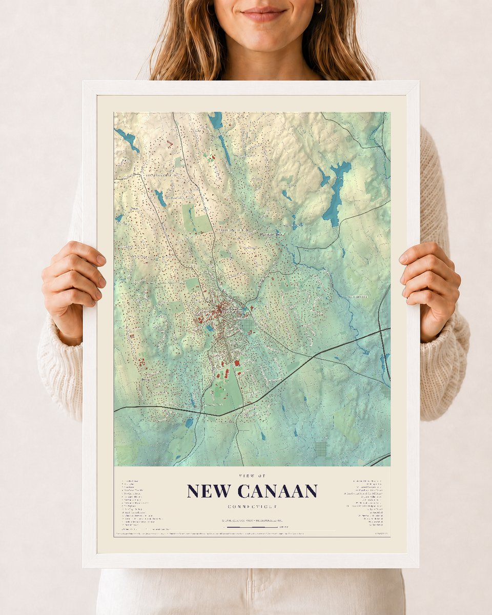 New Canaan, Connecticut map print, 12 x 18 in white wood frame