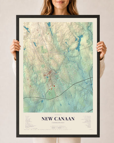 New Canaan, Connecticut map print, 24 x 36 in black wood frame