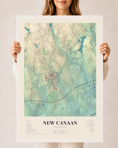 New Canaan, Connecticut map print, 24 x 36 in white wood frame