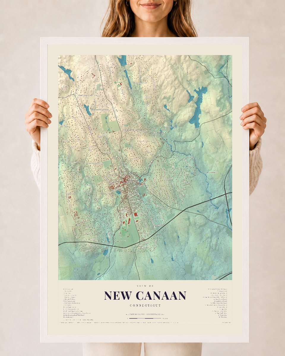 New Canaan, Connecticut map print, 24 x 36 in white wood frame