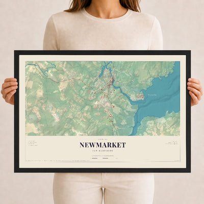 Newmarket, New Hampshire map print, 12 x 18 in black wood frame