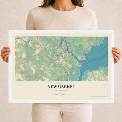 Newmarket, New Hampshire map print, 12 x 18 in white wood frame
