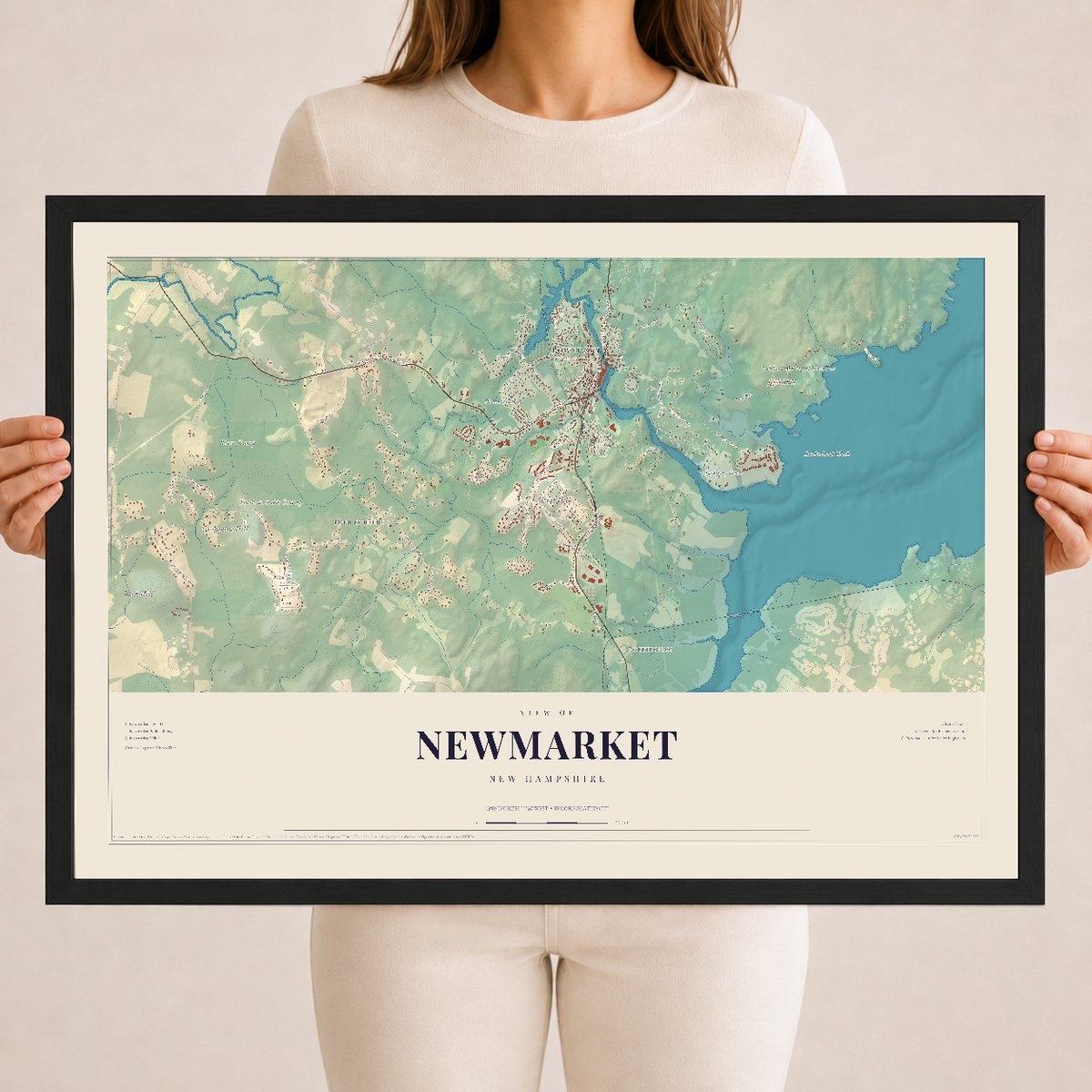 Newmarket, New Hampshire map print, 18 x 24 in black wood frame