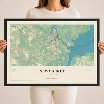 Newmarket, New Hampshire map print, 18 x 24 in black wood frame
