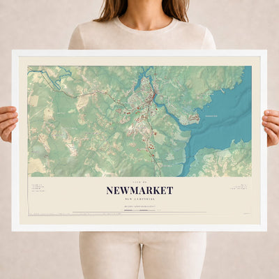 Newmarket, New Hampshire map print, 18 x 24 in white wood frame