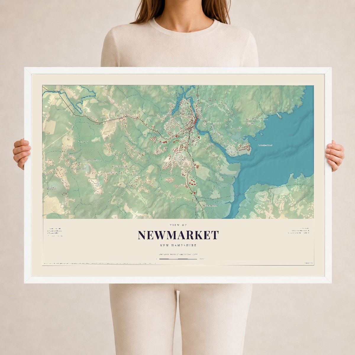 Newmarket, New Hampshire map print, 24 x 36 in white wood frame