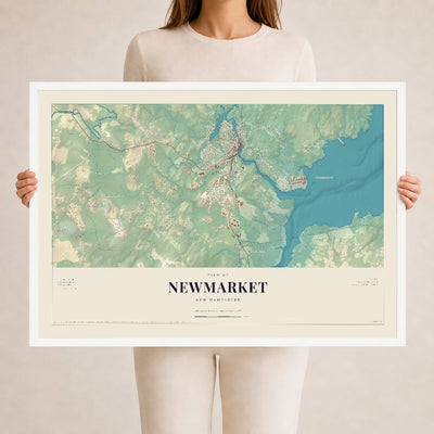 Newmarket, New Hampshire map print, 24 x 36 in white wood frame
