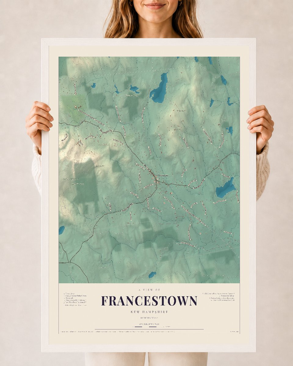 NH Current Atlas 2026 | Francestown | 24" x 36" | W/ White Ayous Wood Frame