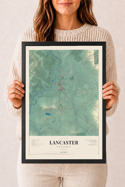 Map of Lancaster, New Hampshire, 12 x 18 inch print in a black wood frame