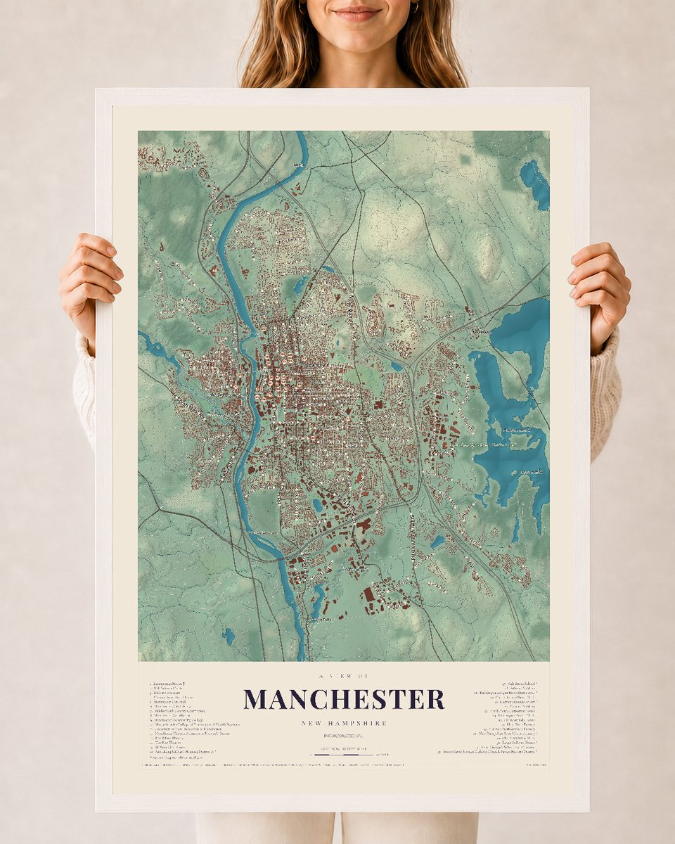 NH Current Atlas 2026 | Manchester | 24" x 36" | W/ White Ayous Wood Frame