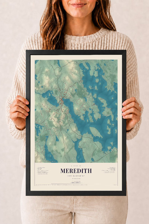 Map of Meredith, New Hampshire, 12 x 18 inch print in a black wood frame