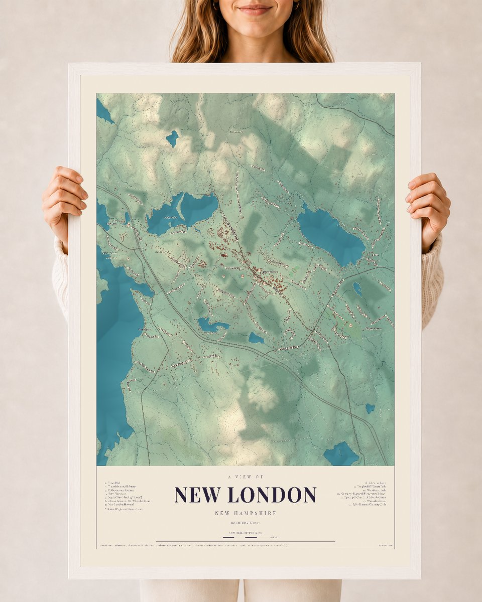 NH Current Atlas 2026 | New London | 24" x 36" | W/ White Ayous Wood Frame