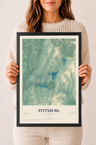 Map of Pittsburg, New Hampshire, 12 x 18 inch print in a black wood frame