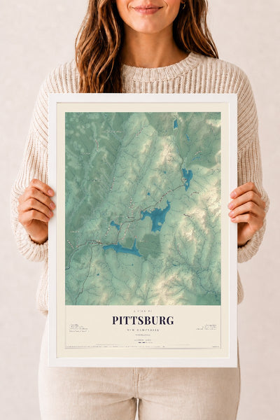 Map of Pittsburg, New Hampshire, 12 x 18 inch print in a white wood frame