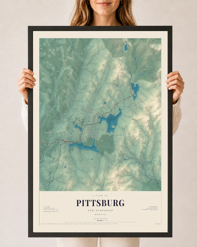 Map of Pittsburg, New Hampshire, 24 x 36 inch print in a black wood frame