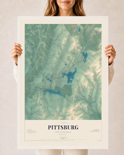 Map of Pittsburg, New Hampshire, 24 x 36 inch print in a white wood frame