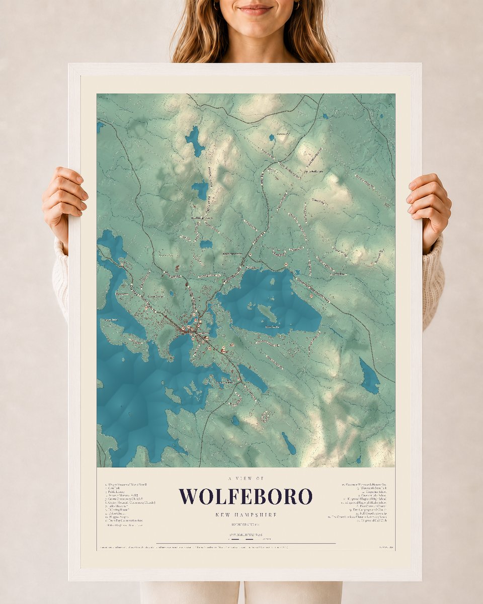 NH Current Atlas 2026 | Wolfeboro | 24" x 36" | W/ White Ayous Wood Frame