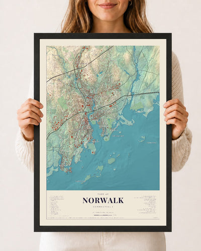 Norwalk, Connecticut map print, 12 x 18 in black wood frame
