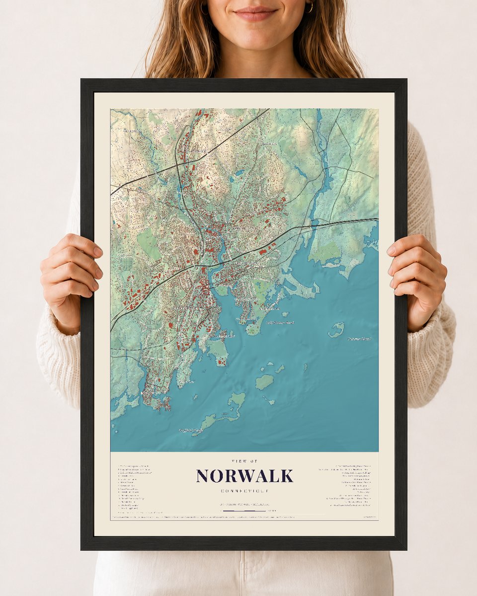 Norwalk, Connecticut map print, 12 x 18 in black wood frame