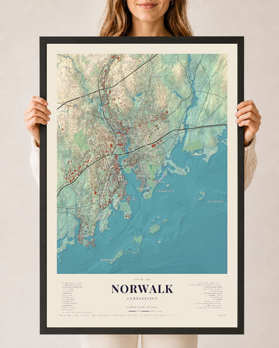 Norwalk, Connecticut map print, 24 x 36 in black wood frame