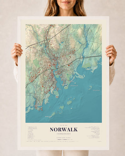 Norwalk, Connecticut map print, 24 x 36 in white wood frame