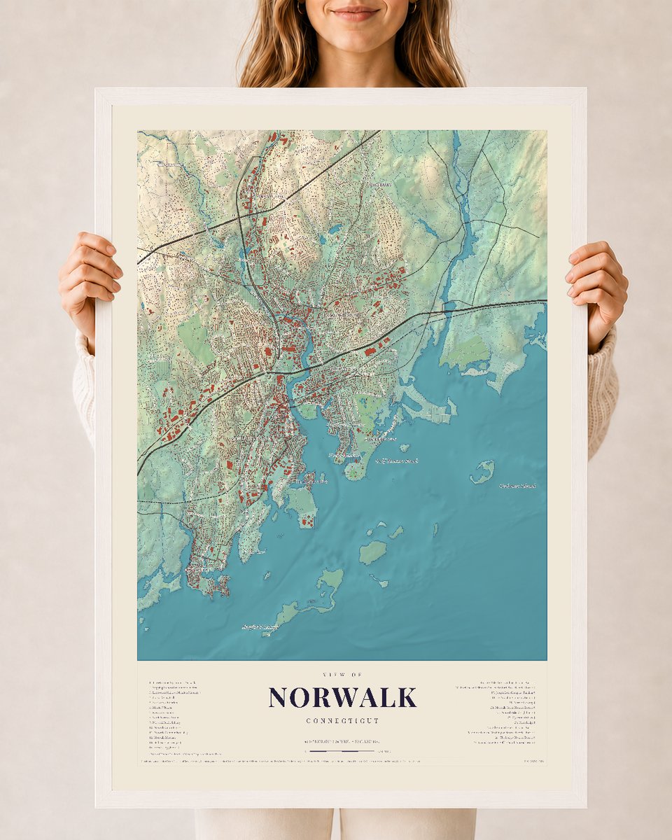 Norwalk, Connecticut map print, 24 x 36 in white wood frame