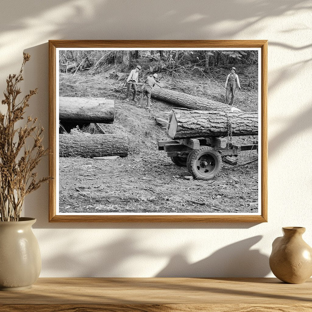 Ola Sawmill Co - op Members Moving White Fir Log 1939 - Available at KNOWOL