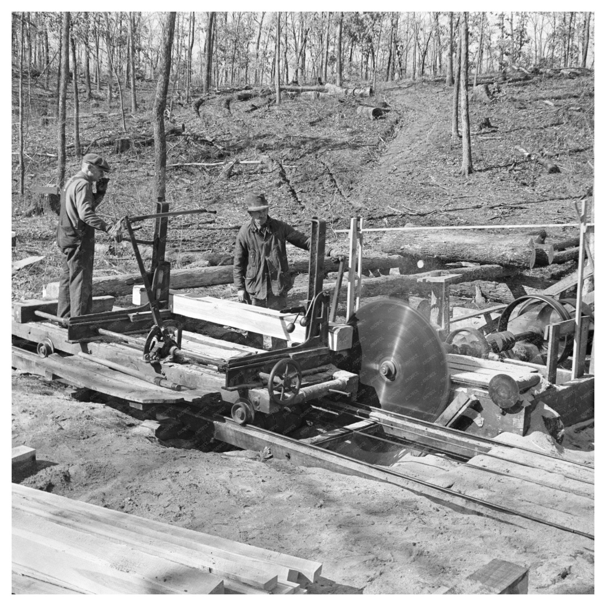 Omaha Sawmill Workers Cutting Timber Boards 1937 - Available at KNOWOL